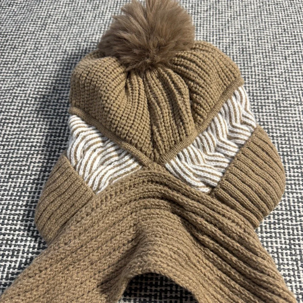 Brown Knit Beanie Scarf Set Fleece Lined Pom Pom Winter Hat Scarf Combo One Size